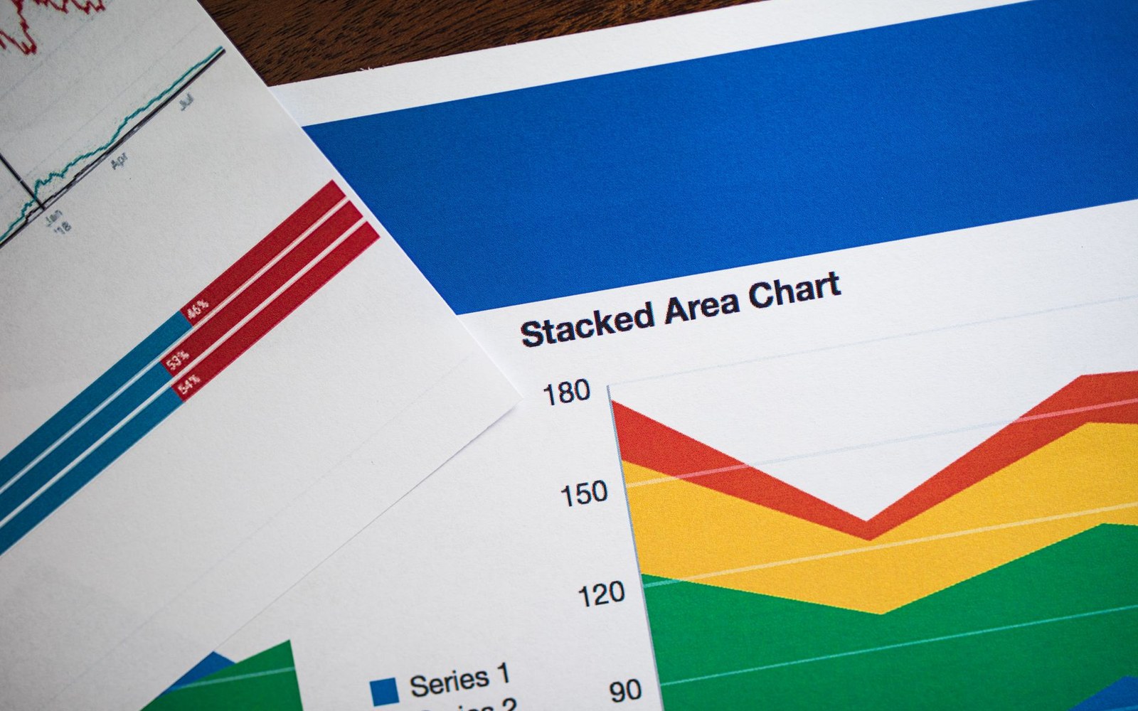 Printed pages showing a stacked area chart and percentage bar graphs on a desk
