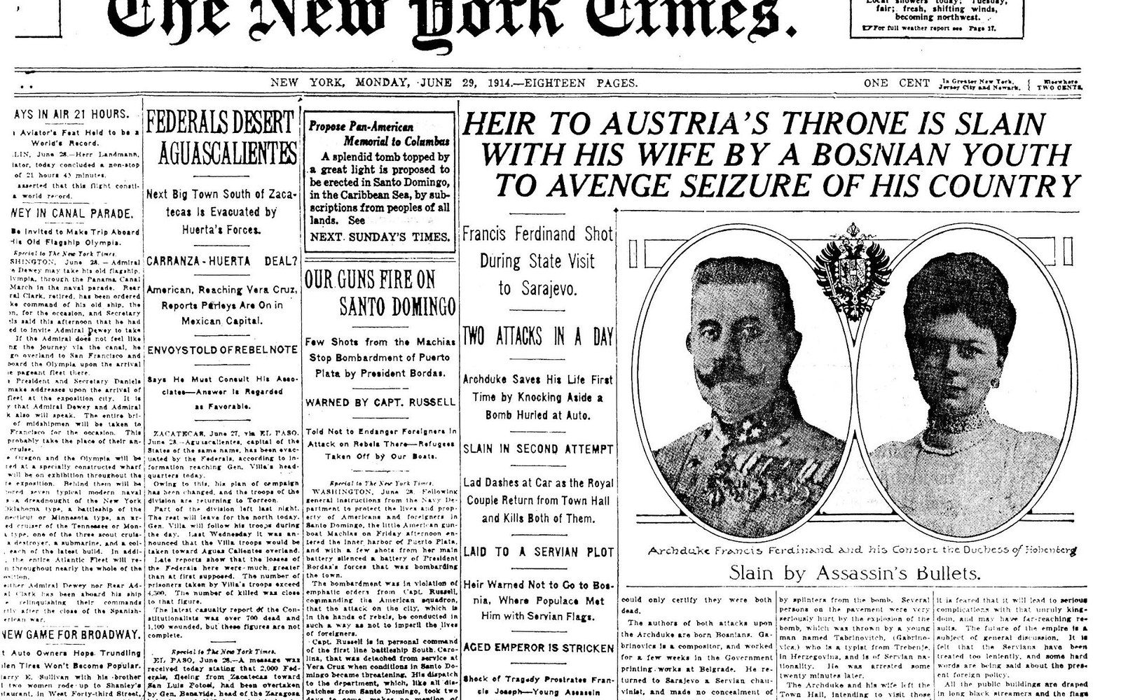 Front page of the New York Times reporting the assassination of Archduke Franz Ferdinand and his wife